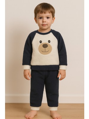 Bubito Ayıcık Nakışlı Bebek&çocuk Kışlık Peluş Welsoft Alt Üst Takım-Lacivert