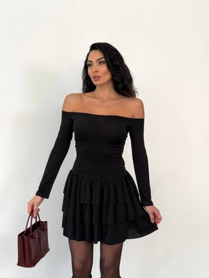 Cuyka Kadın Mini Elbise Sandy Kumaş Off Shoulder Kat Kat Volanlı
