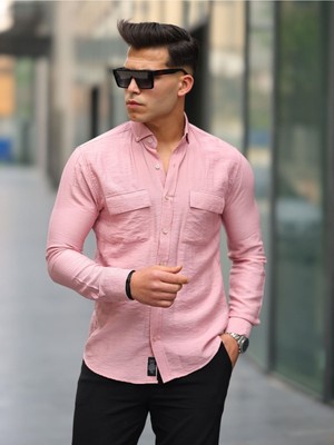 Comstar Erkek A Kalite Keten Slim Fit Uzun Kol Çift Kapaklı Gömlek