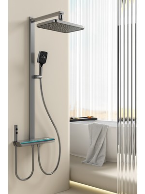 Lüks Dijital Ekranlı Duş Seti - Termostatik Gri Yağmurlama Sistemli Banyo Bataryası
