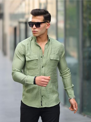 Comstar Erkek A Kalite Keten Slim Fit Uzun Kol Çift Kapaklı Gömlek