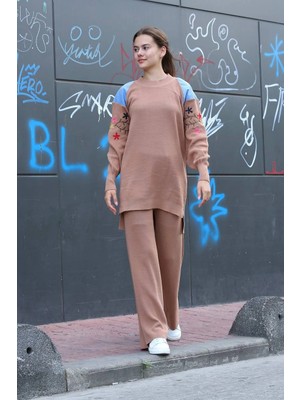 End Black Store Omuz Detaylı Kol Nakışlı Ikili Alt Üst Triko Takım Vizon