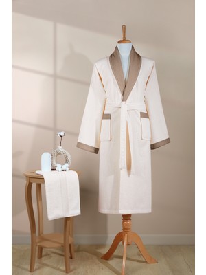 Ellaline Çizgili Bornoz Seti %100 Pamuk Sertifikalı, 2 Parça, Kontrast Yaka Şalyaka Bornoz Takımı Krem