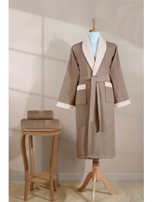 Ellaline Çizgili Bornoz Seti %100 Pamuk Sertifikalı, 3 Parça, Kontrast Yaka Şalyaka Bornoz Takımı Bej