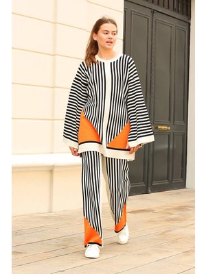 End Black Store Çizgili Bisiklet Yaka Triko Takım Beyaz