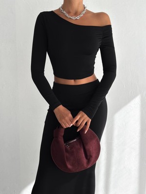 Cuyka Kadın Tek Omuz Crop Bluz & Yüksek Bel Uzun Etek Sandy Kumaş Ikili Takım