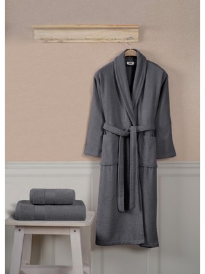 Ellaline 3 Parça Bornoz Seti %100 Pamuk Sertifikalı, Şalyakalı Bornoz Vücut ve Baş Havlusu Takımı Antrasit