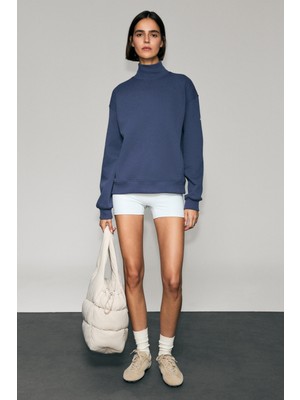 Urban Beat Xenya Kadın Polarlı Yumuşak Balıkçı Yakalı Baskı Detaylı Cepli Regular Indigo Sweatshirt