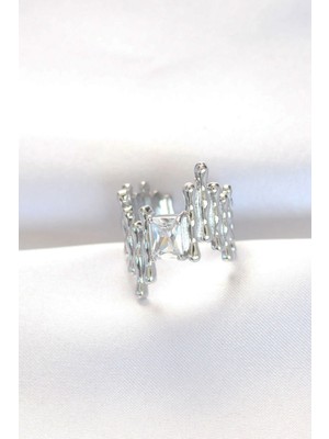 Silver Renk Tırtıklı Kalın Baget Taş Tasarım Ayarlanabilir Yüzük