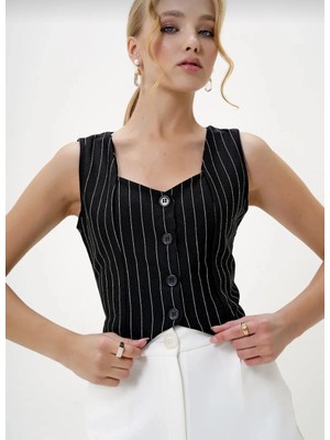 End Black Store Çizgili Krep Düğmeli Yelek Siyah S3395