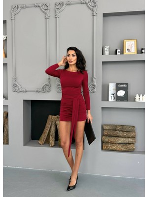 Cuyka Kadın Mini Elbise Uzun Kollu Drapeli Şal Kuşak Detaylı