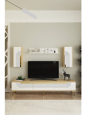 Ceneyra TVR1803DBG- Meyra Tv Ünitesi Takımı 180CM Safirmeşe-Beyaz-Gold