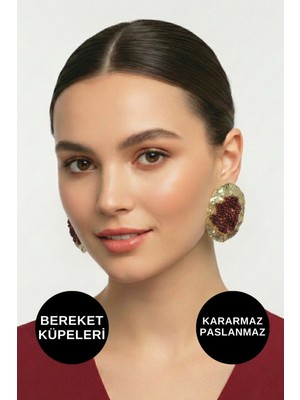 Kayoubi Kadın Antialerjik Kararmaz Suya ve Tere Dayanıklı Büyük Kırmızı Taneli Gold Çelik Küpe Marka Küpe Modelleri