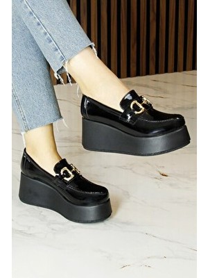 Erkan Saçmacı Celyn Siyah Rugan Kadın Dolgu Topuklu Günlük Ayakkabı Suni Deri Kaydırmaz Taban