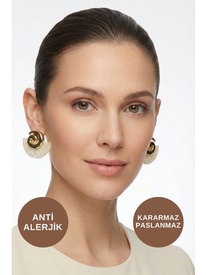 Kayoubi Kadın Antialerjik Kararmaz Suya Dayanıklı Beyaz Yelpaze Büyük Gold Çelik Marka Küpe Modelleri