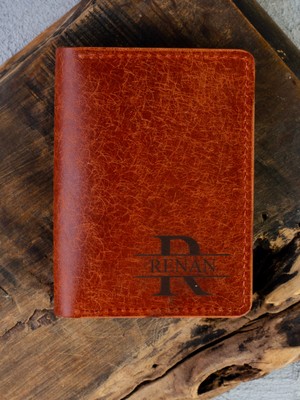 Quska Kişiye Özel Isimli El Yapımı Hakiki Deri Kiremit Cüzdan Tip Kartlık+ Anahtarlık+Bileklik Hediyelik Set- Grain Slim