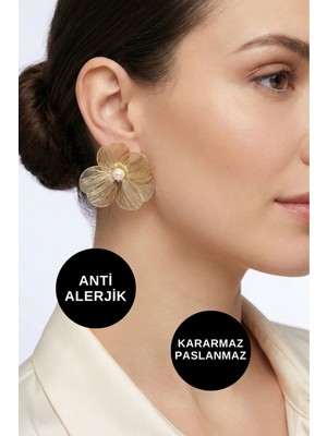 Kayoubi Kadın Antialerjik Kararmaz Suya Dayanıklı Büyük Tel Tel Incili Çiçek Gold Çelik Marka Küpe Modelleri