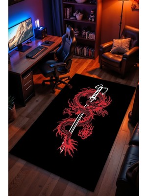 Charmbi Ejderha Desenli Kaymaz Taban Makinede Yıkanabilir Gaming Oyuncu Gamer Genç Odası Halısı