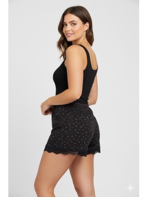 Royaleks Group Düz Renk Mini Çiçek Desenli Penye Kadın Ev Şortu Bacak Dantel Detaylı Ev Giyim Siyah