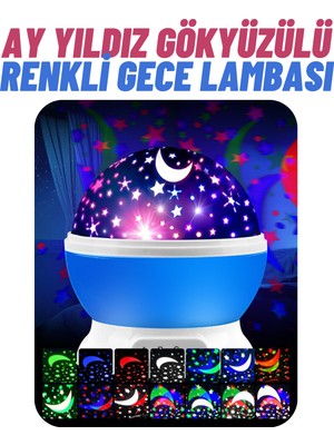 Magicway 360° Dönen Projeksiyon Renkli Işıklı Gece Lambası Ay ve Yıldızlı Gökyüzü Yansıtmalı