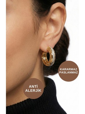 Kayoubi Kadın Antialerjik Kararmaz Suya Dayanıklı Zirkon Taşlı Halka Gold Çelik Ünlü Marka Küpe Modelleri