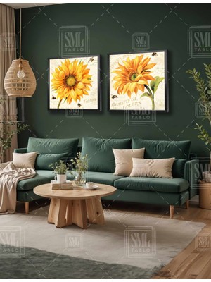 SML Tablo Ayçiçeği Günebakan Büyük Sarı Çiçek Vintage Dekor Ikili Kare Kombin 2li Çerçeveli Kanvas Tablo