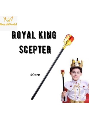 NW NessiWorld Çocuk Boy Altın Renk Kral Tacı ve Kırmızı Topuzlu Kral Asası