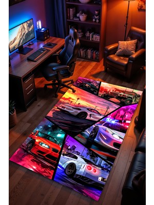 Charmbi Spor Araba Desenli Kaymaz Taban Makinede Yıkanabilir Gaming Oyuncu Gamer Genç Odası Halısı