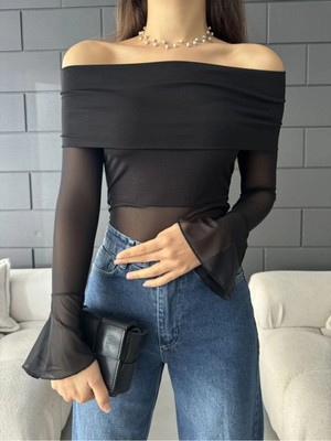 Qutta Kadın Tül Kol Madonna Yaka Bluz