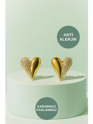 Kayoubi Kadın Antialerjik Suya Dayanıklı Kararmaz Günlük Gece Düğün Için Zirkon Taşlı Kalp Gold Çelik Küpe