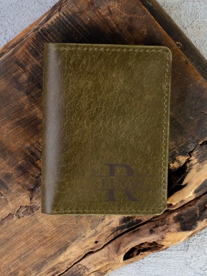 Quska Kişiye Özel Isimli El Yapımı Hakiki Deri Yeşil Cüzdan Tip Kartlık+ Anahtarlık+Bileklik Hediyelik Set- Grain Slim