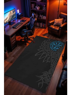 Charmbi Viking Mitoloji Desenli Kaymaz Taban Makinede Yıkanabilir Gaming Oyuncu Gamer Genç Odası Halısı