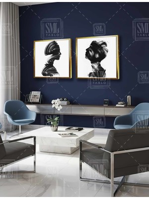 SML Tablo Fırça Izi Kadın ve Adam Iki Sevgili Siyah Mürekkep Ikili Kare Kombin 2li Çerçeveli Kanvas Tablo