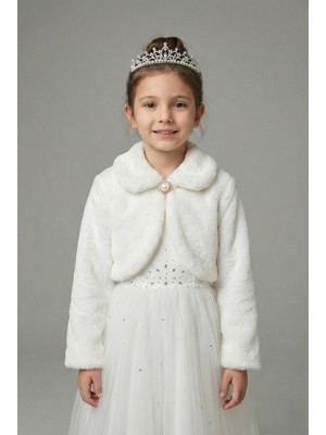 Mnk Baby & Kids Ekru Pelüş Uzun Kol Kız Çocuk Bolerosu Abiye Stil M00681 Özel Olay İçin