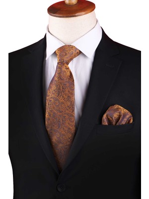 Kravatkolik Sarı Şal Desen Mendilli Klasik Kravat KK13211