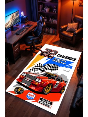 Charmbi Yarış Arabası Desenli Kaymaz Taban Makinede Yıkanabilir Gaming Oyuncu Gamer Genç Odası Halısı