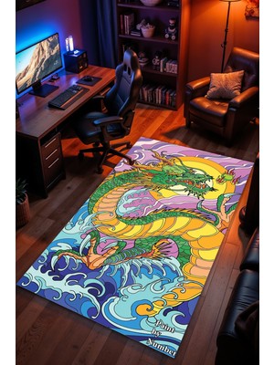 Charmbi Ejderha Desenli Kaymaz Taban Makinede Yıkanabilir Gaming Oyuncu Gamer Genç Odası Halısı