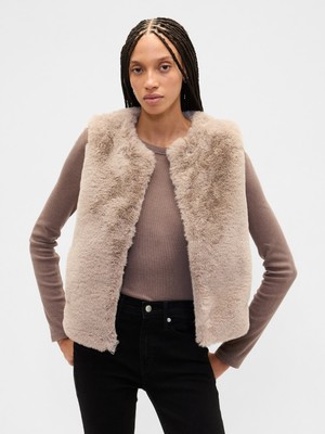 Gap Kadın Kahverengi %100 Geri Dönüştürülmüş Faux-Fur Kürk Yelek