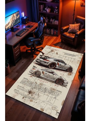 Charmbi Porsche Araba Desenli Kaymaz Taban Makinede Yıkanabilir Gaming Oyuncu Gamer Genç Odası Halısı