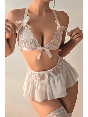 İbrahim Burak Etiler Collection Moda Çizgi Kadın Fiyonklu Faztezi Beyaz Gecelik Takım K1001