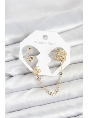 Freedom Store Kiraz Model Pirinç Gold Renk Zincir Bağlantılı Ear Cuff Küpe Seti
