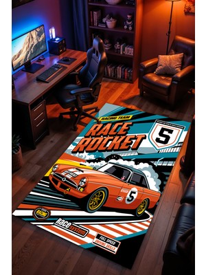 Charmbi Yarış Arabası Desenli Kaymaz Taban Makinede Yıkanabilir Gaming Oyuncu Gamer Genç Odası Halısı