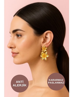 Kayoubi Kadın Antialerjik Kararmaz Suya Dayanıklı Günlük Gece Abiye Için Taşlı Büyük Çiçek Gold Çelik Küpe