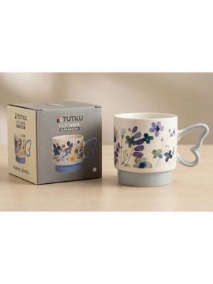 Tutku Çiçek Desenli Kelebek Kulplu Porselen Kupa