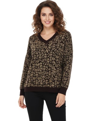 Lavella Kadın V Yaka Leopar Desen Sakallı Triko Kazak BGL-ST05079