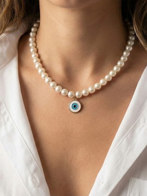 Xtakı Inci Kolye - Nazar Boncuklu & Gerçek Inci Görünümlü Kararmaz Gold Zincir - Kadın Bijuteri Kolye