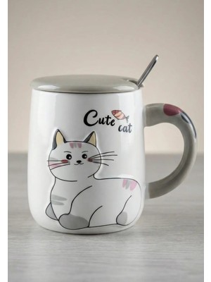 5 Adet Tutku Porselen Kupa Kapaklı Kaşıklı Cute Cat