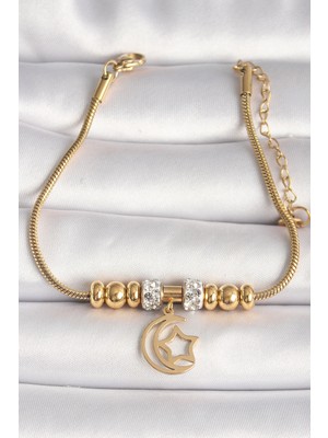 316L Çelik Gold Renk Tüp Zincir Zirkon Taş Detaylı Sallantı Ay Yıldız Figür Kadın Bileklik