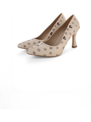 Pierre Cardin Kadın PC-52212 Monogram Baskılı Topuklu Ayakkabı - Krem
