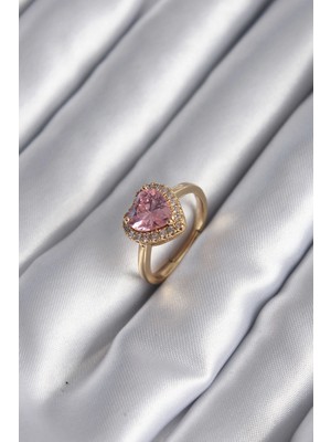 Calperia Pirinç Gold Renk Pembe Zirkon Taş Kalp Charm Model Kadın Yüzük